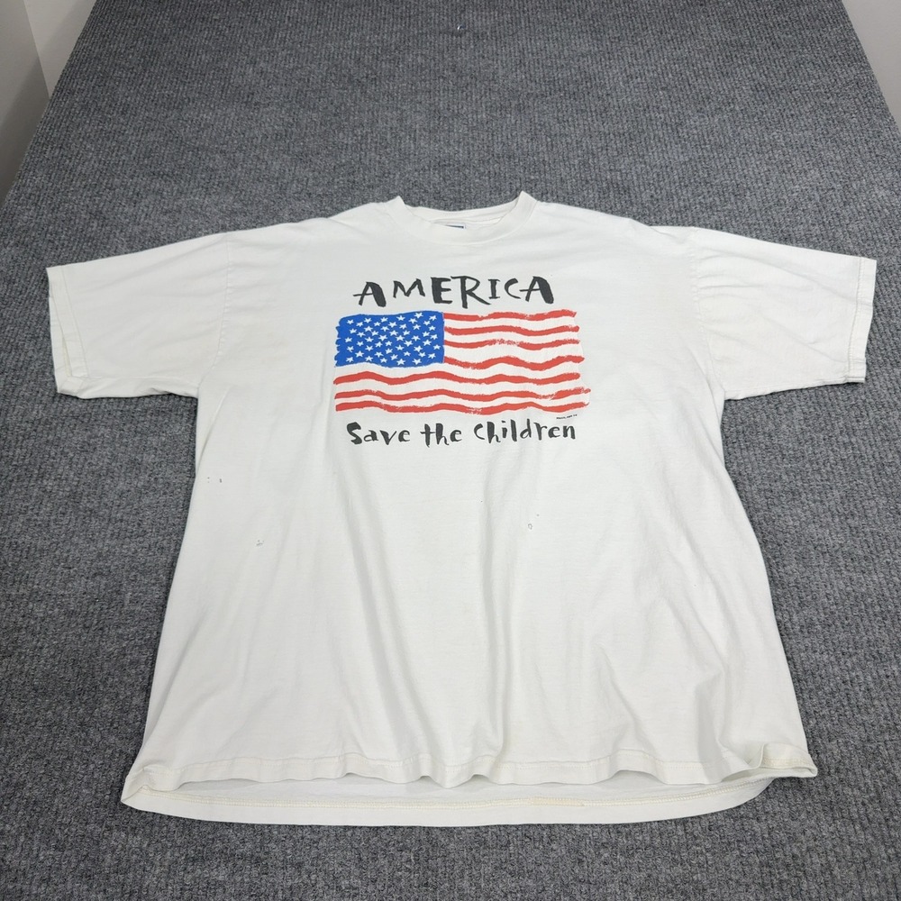 Vintage America Save the Children T Shirt Mens XL White Flag Graphic Jerzees